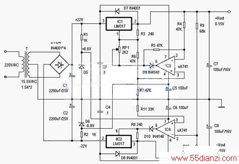 LM317UA7410-±15VѹԴ·ͼLM317+UA741 Power supply