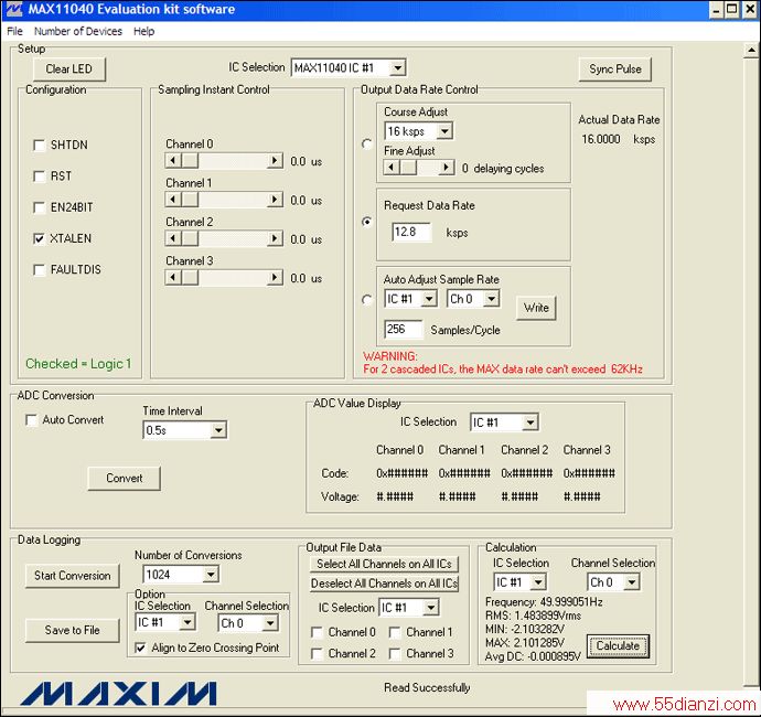 ͼ4. MAX11040EVKIT GUIûøֲ12.8ksps256/ں1024ת⣬GUIļ㲿ṩһпٹıݹߡ