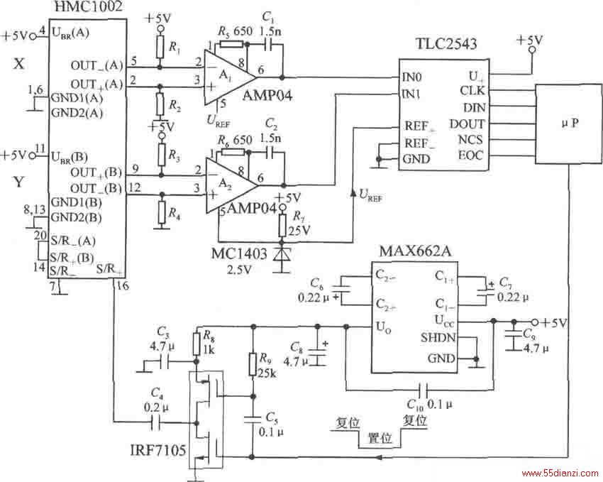 ˫ųӦõ·ͼʾʹһƬ˫ųHMC1002ƬAMP04(A1A2)ͬʱX᷽Y᷽ĴųHMC1002·ѹźŷֱ𾭹A1A2Ŵ󣬽12λADתTLC2543ģ˺ͻ׼ˣͨӿڵ·ӦPMAX662AǸЧDCDC任ɽ+5VԴ+10VΪIRF7105ĵԴźԦPHMC1002SR+(16)ͼеC3Ӧݡ