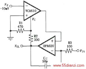 ͼʾΪVCA610ĿƽŲһ¶ȲӦķŴ·VCA610ṩеʧѹ͵ƯƵ250kHz(-3dB)(Log)Ŵ¶ȿƷ棬VCA610ָ򵥵¶ȲӦ