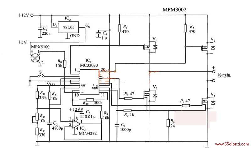 һʵõѹϵͳĵ·ͼʾ+12VԴ78L05IC2+5VѹMPX5100硣·+12VԴMC33033IC1ΪMC34272IC3Ϊ˫˷ţֽеһ˷ţΪЧʣ·һMPM3002ģ飬ڲ2ֻPʳЧӦܣV1V22ֻNʳЧӦܣV3V4H·ɴ4AֱˢΪϵͳ΢Сѹɲרͺ·MC33033ڲŴⲿR8R10ͺõıȽ乤ԭǵUo<UREFʱˮѹĲߣѹڲοѹͺѹUH֮ͣUo=UREF+UHʱŹرյʹϵͳѹ͡˺󣬴ѹһֱ½ڵʱĲοѹΪֹȡR8=R9=10kR10=300kʱͺѹΪ0.3VӦ7.5kPaͺѹ·еĿSƵתת