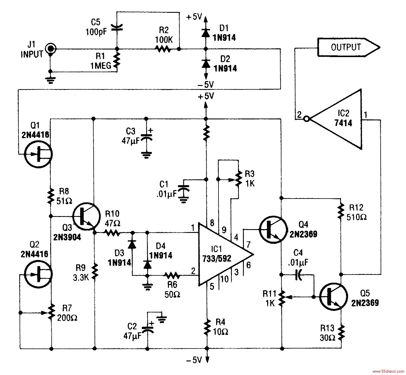 LM733NE592Ļϣͼʾǰ÷Ŵһ100 MHzĴЧӦṩԼΪ1M迹Q4Q5IC2ṩźš