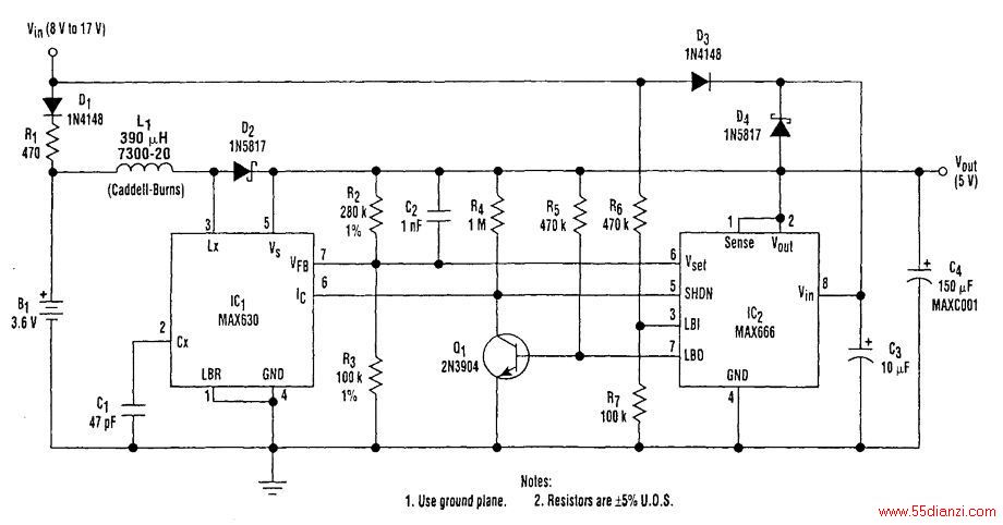 һ9VǽʽṩVINIC2һ͵ѹ·ͨR6R7ӦVIN7һQ1IC1ICIC2SHDNĹض롣Щ෴ļԻԾˮƽķR2R3ʹѹӦѹVOUT