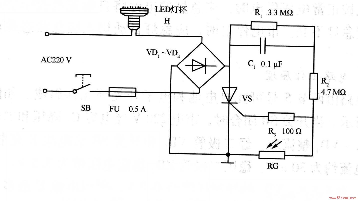 ͼΪLEDԶƵ·ͼ220V羭VD1VD4ʽھբVS֮䣬ΪբܼѹբܵͨܣR1R2RCķѹȿơȻ߽ǿRGʵ͵裬ѹȽСVSżΪ͵ƽբܴڹض״̬HҹĻʱRGϵĹ߽RGָߵ裬ѹȴ򣬾ΪբVSṩ˽ϸߵ򴥷ѹVSͨH⡣