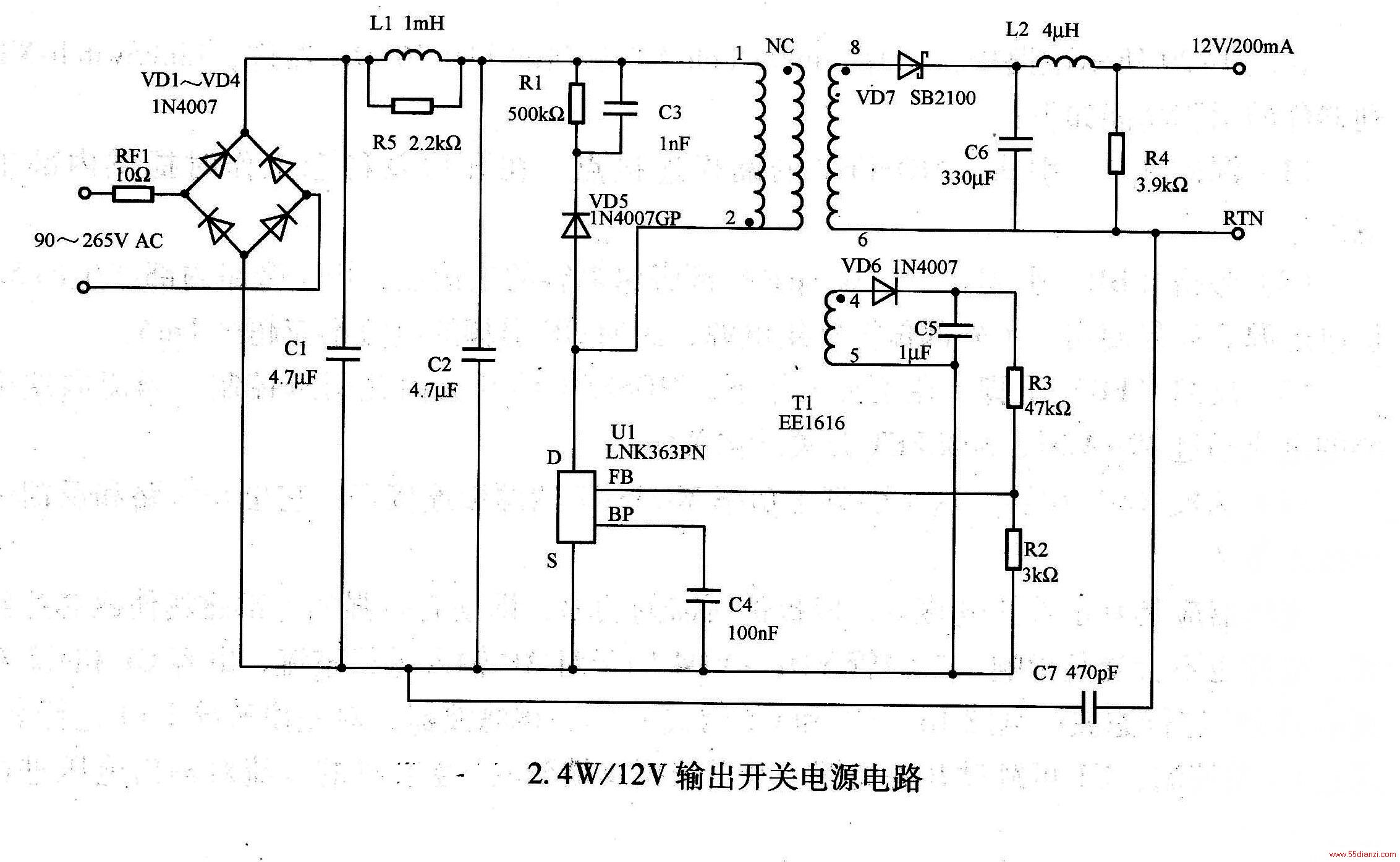 ͼΪ2.4W12VصԴ··ΪɱͣԪ٣С㣬滻ԵԴĽ·мЧCECԴģʽЧʵҪҪΪ579ɴﵽ66ʱĵͣ265V ACʱС300mWClSPR22EN55022BEMIƵҪEMIԣ8dBuVԽ90265V ACΧĽѹתΪ·ֱѹԴΪ12V200mA2.4WкCVCCԡ