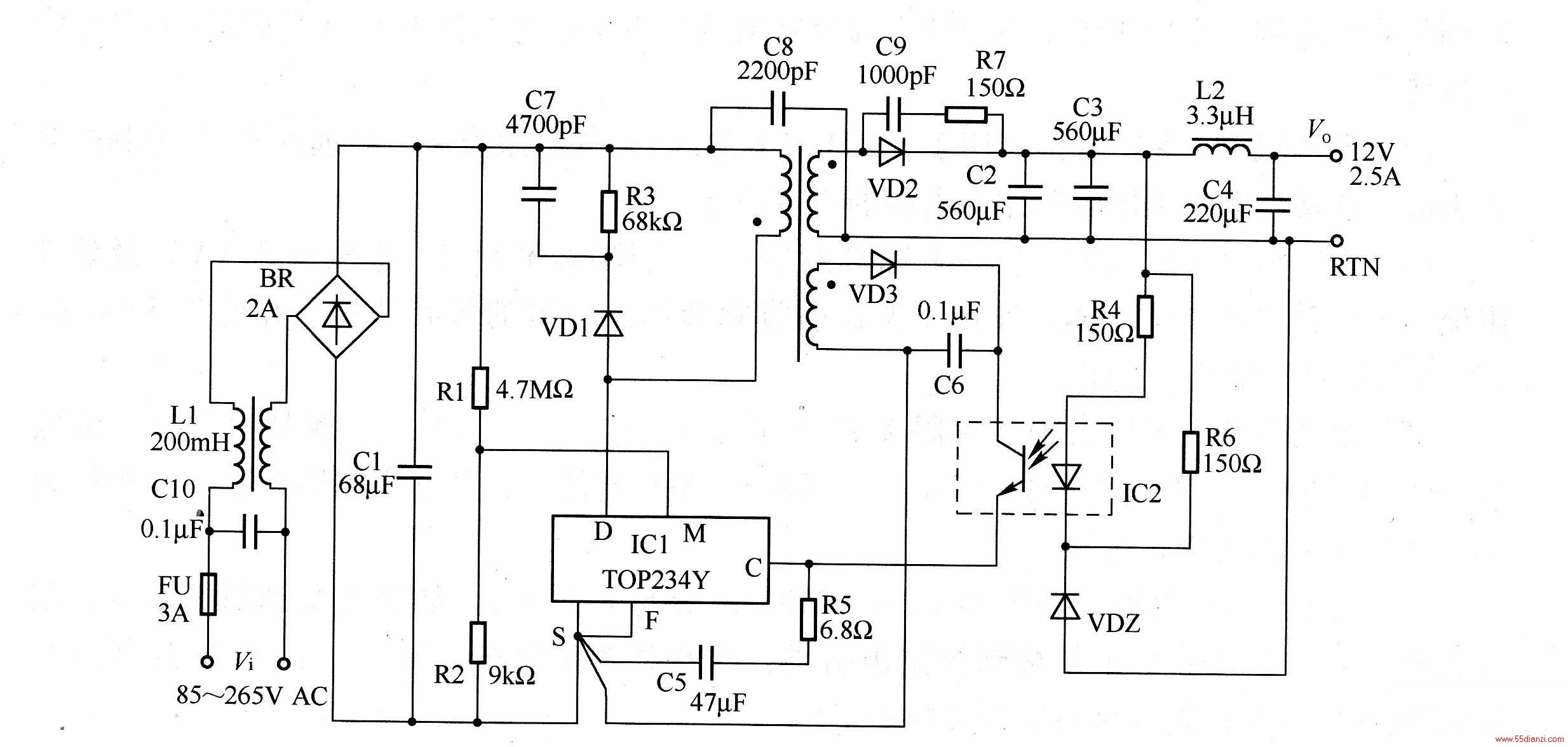 ͼΪ30W12VصԴ·ͼõ·УѹξŸţEMI˲CIOL1˲BRC1ֱѹøѹR1R2ѹMˣʹ޵ѹ߶͡R1ṩѹǰźţѹƫʱԶռձȣԼСƲR2Ϊ趨衣