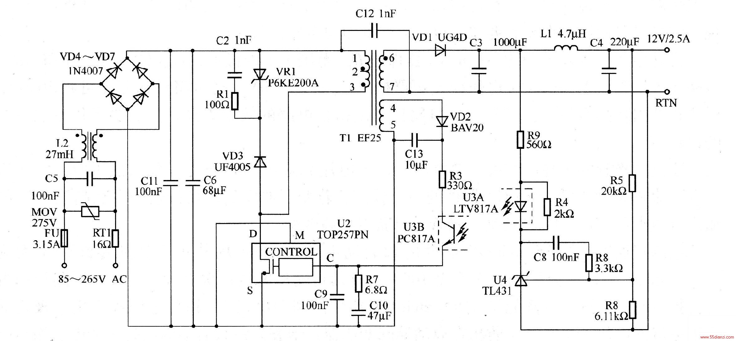 ͼΪһ30W12VصԴ·ͼõԴ·гɱͣԪ٣С㣬Чߣغʹĵ͵ص㣬265VʱĿعС250mW50C¹ʱΪ30WʹⲿɢƬоȷԶָԵĹȹضϹܣʹPCB¶ڸ¾άڰȫΧڣ··ʱ˵Զ״̬гɫ˵ѹʺ͸صʣEN55022CISPR-22BEMIƵҪEMIԣ10dBuV