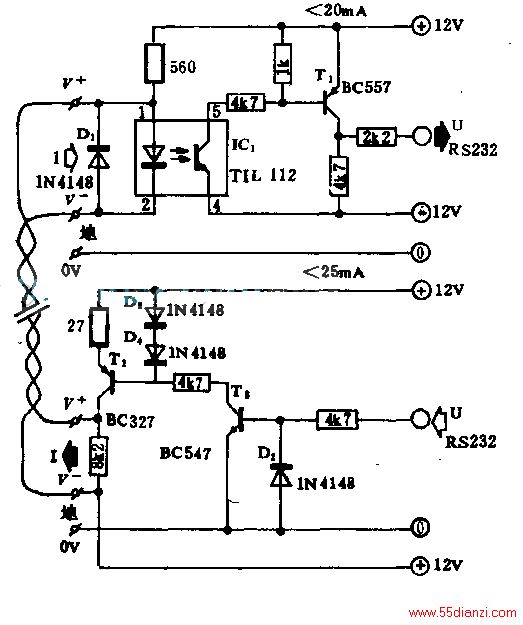·ڼRS-232нӿ·֮ĽӿڣܰѴĵѹźתΪ20mAĵźţΪ1200ءIC3T1ɽն˽ӿڵ·T2T3ɷͶ˽ӿڵ·+12VʱT2T3ܣT2缫·͵IC1ģ1ͨIC1ķܣپ·صͶˣ·ԼΪ20mA-12VʱT2T3ֹ·޵IC1Ͷ˶ɹʱն˵ͨT1ͨT1ضʱ-12VĵźžR4RS-232ɴˣʵõźš