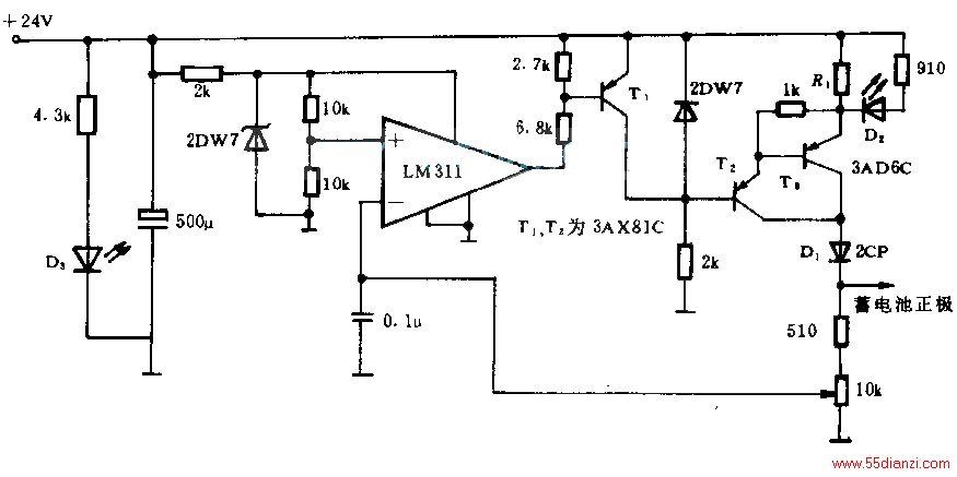 ·ԶơķصıƵѹΪ10VֹѹΪ12VT2T3йԪɺԴֵΪ4.8V/R1D1ΪֹԴϵ·ֹʱطŵ衣LM311ΪȽһ䵽趨ֵ͵ƽT1͵ͨT2ԴֹֹͣͣʱD2D3Դָʾ