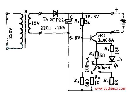 12VѹD1󣬵õ16.8VֱѹR1R2ŶԴBGṩƫR3R4R5Ϊ裬ʹ100mA50mAKл·Ƽ򵥣޳ʱʩʹעʱ