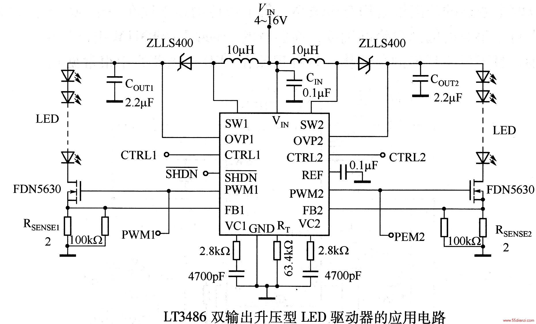õ·ǻLT3486˫ѹLEDӦõ·l00 mA㶨LEDLEDѹߴ36Vѹͱ任СĵѹLEDPWMĵMOSFETиЧʡصѹΧڣ916VLEDĵѹ˫ͨLED20LEDLEDͬʱ߿صѹڸüɵ·42Vֵ