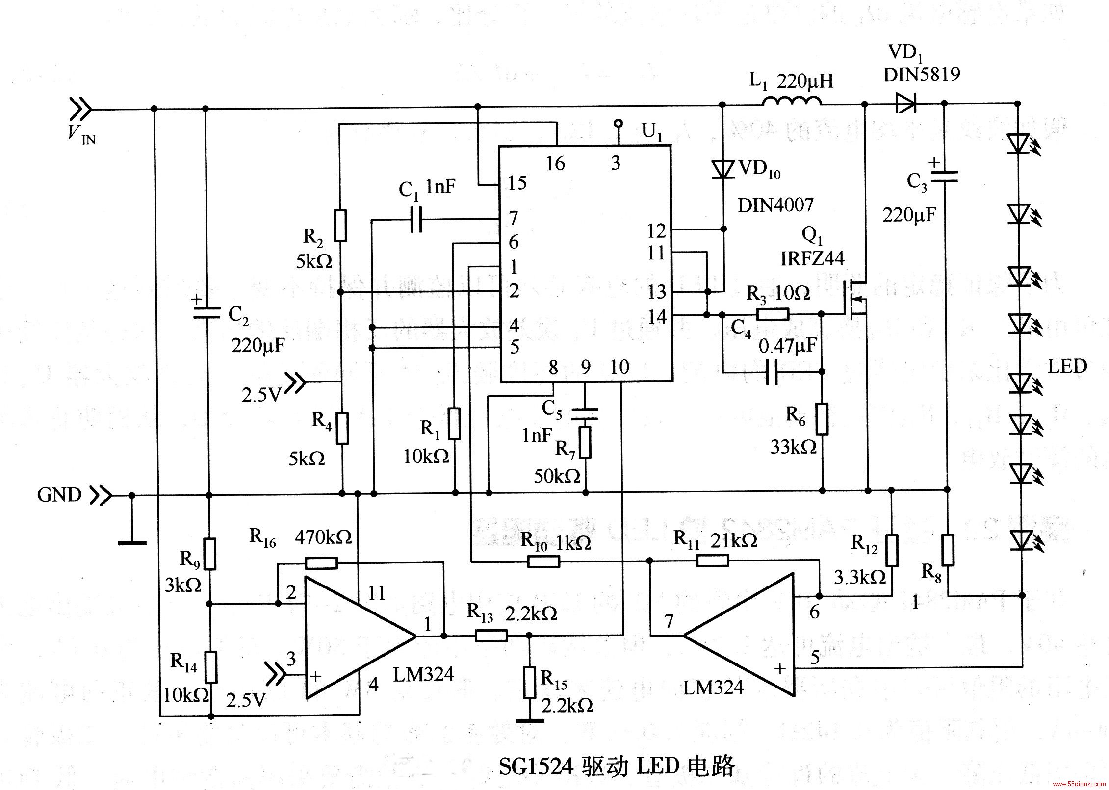 õ·SG1524ɵѹΪ12Vİ׹LED·صǳɱ͡ЧʸߣȲѹӰ죬е⹦ܺ͵Դܡ·ѹвSG1524ƣPWMصU1ʹU1Լ40Vѹ11ֻ1Wİ׹LED顣ڹĸߣLED䱸Ӧɢ