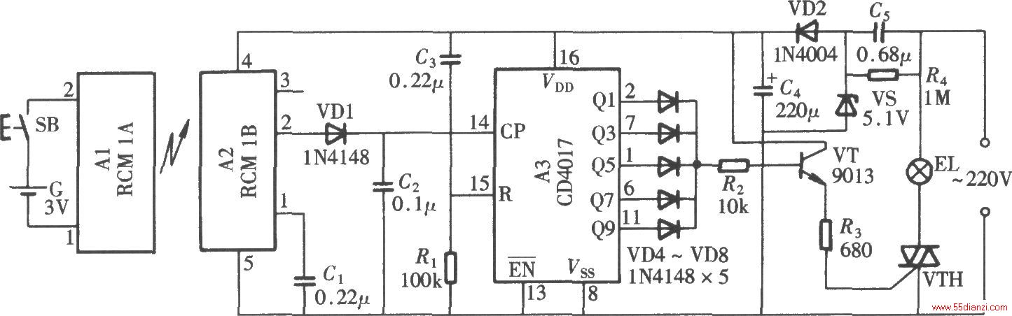 ͼʾߵңزRCM1ߵңΪңطյ··RCM1ABңطյ·ʮƼCD4017ؿƵ·˫բԴء