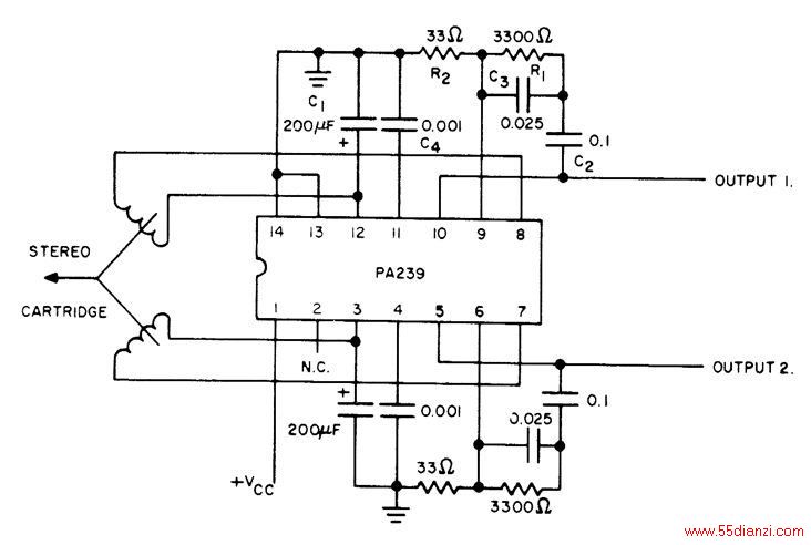 Signetics˾PA239˫ŴרΪ͵ƽӦơ1kHzͨΪ90ֱгʧ棬0.5·ŴӦƥRIAA¼ص㡣Դѹ915V֮䣬22mA.