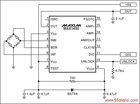 图1. MAX1452典型应用电路中增加肖特基二极管,以解决VDD电源驱动受限问题