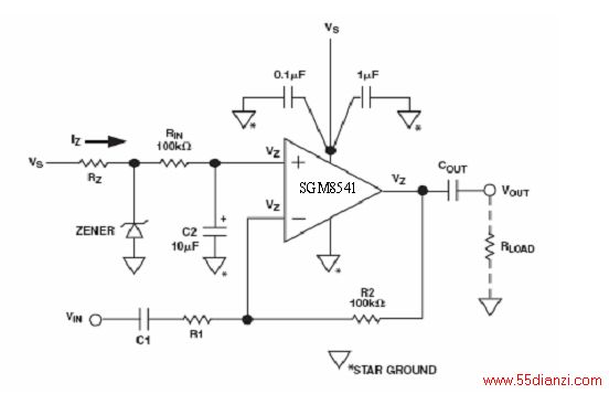 图4：利用相同的齐纳二极管的反相放大器电路的偏置方法。
