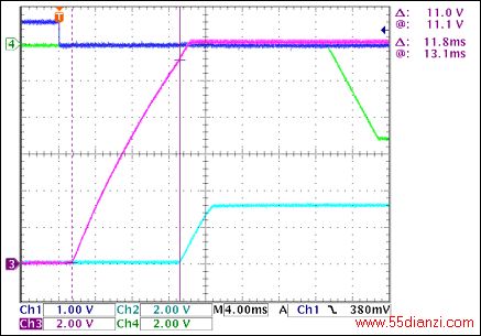 图2. +12V至+3.3V接通延时,没有负载Ch1 = Q8BASE(CARD_PRESENT), Ch2 = +3.3VOUT, Ch3 = +12VOUT, Ch4 = -5VOUT注释:+12VOUT和+3.3VOUT之间有11.8ms延时。
