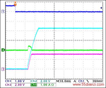 图12. +3.3V接通波形,没有负载Ch1 = Q8BASE, Ch2 = +3.3VGATE, Ch3 = +3.3VOUT, Ch4 = IIN(+3.3V) 注释:IIN(PK) = 400mA,对输出电容充电;+3.3V摆率大约为1V/ms。
