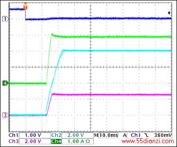 图13. +3.3V接通波形,1.1Ω负载 = 3A Ch1 = Q8BASE, Ch2 = +3.3VGATE, Ch3 = +3.3VOUT, Ch4 = IIN(+3.3V)