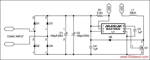 图1. 采用MAX16820 LED驱动器构建的5W MR16 LED灯驱动电路,图中LED为LedEngin的5W WLED。