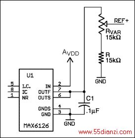 ͼ1.  MAX6126 + ѹ磬REF+ = VOUT REF- = GNDVOUTΧΪ1.5V2.5V